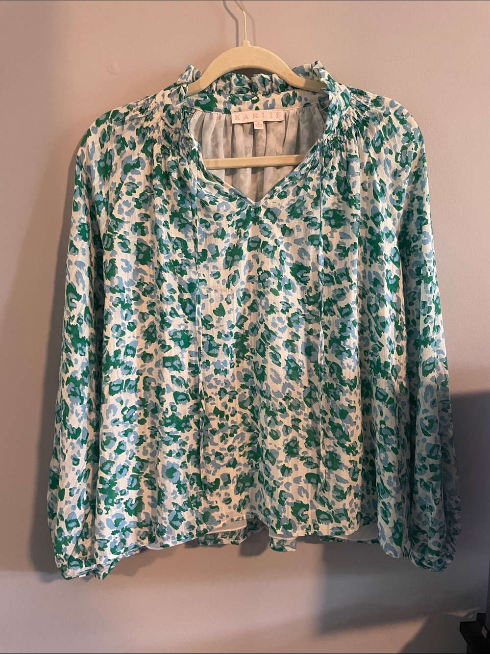 KARLIE White and Green Printed Long-Sleeve Blouse